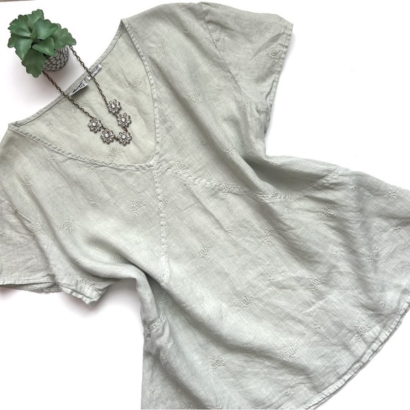 CP Shades Tops - CP Shades Irish Linen Short Sleeve Top Blouse V-Neck Light Green Embroidered L